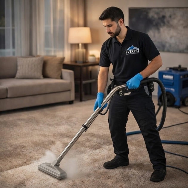 Technician professionally cleaning carpet in a living room