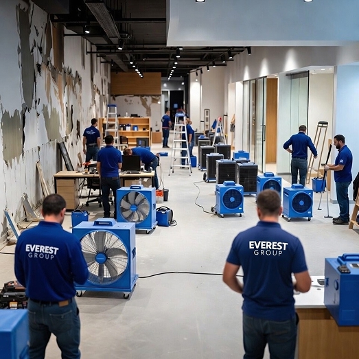 Commercial restoration team working in a large building