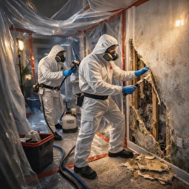 Restoration technician removing mold-damaged material from a wall