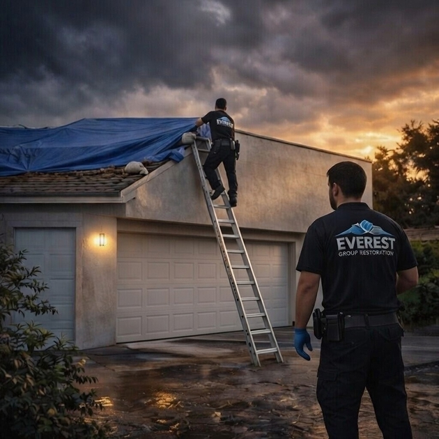 Roof restoration technician inspecting storm damage on shingles