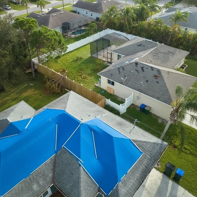 Aerial view of tarped roofs after a storm