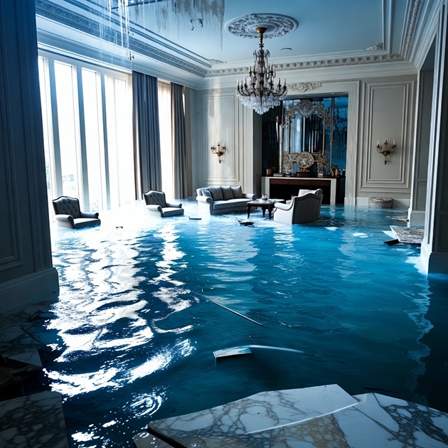 Flooded interior room requiring water damage restoration